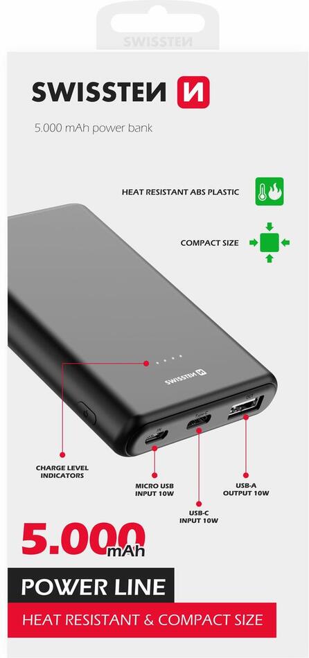 SWISSTEN POWER LINE POWER BANK 5000 mAh 10W BLACK