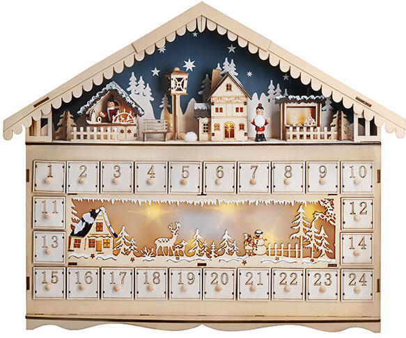 Solight LED adventní kalendář - horská chata, 10x LED, 50x40cm, 2x AA