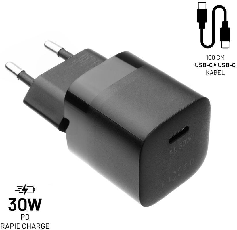 Set síťové nabíječky FIXED Mini s USB-C výstupem a USB-C/USB-C kabelu, podpora PD, 1 metr, 30W, černý