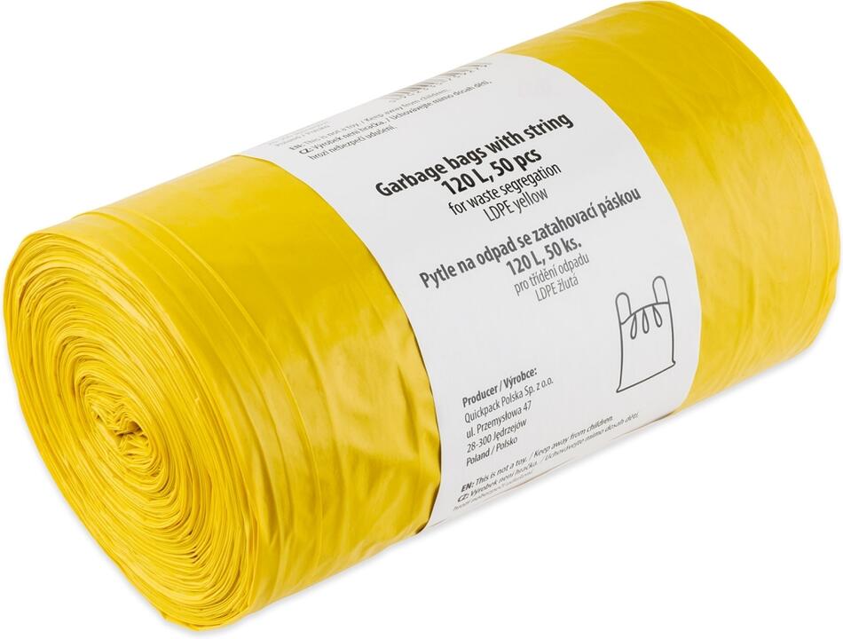 Quickpack žluté zatahovací pytle na odpad, 55× 100 cm, 28 µm, 120 l, 50 ...
