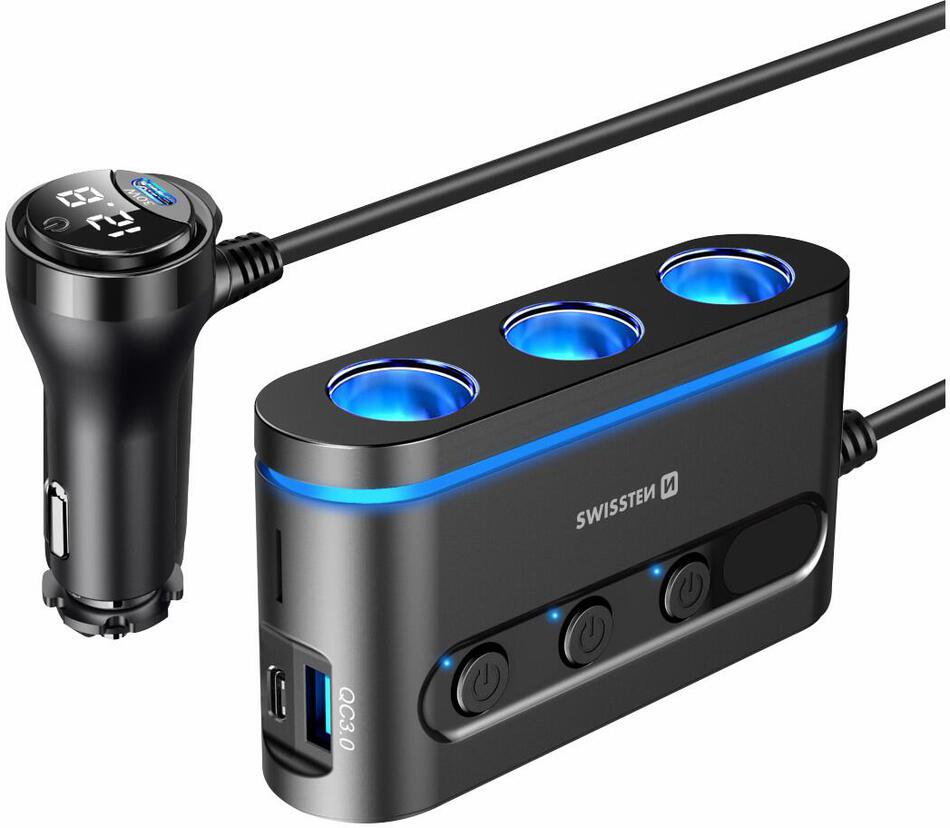 Autoadaptér Swissten 3x CL, 2x UCB-C PD a 1x USB-A QA 3.0, 108W - 216W