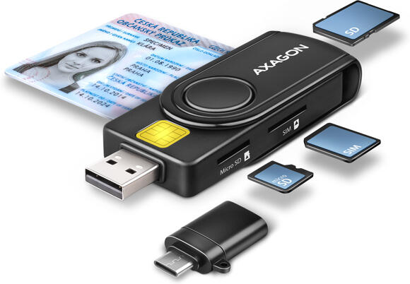 Axagon CRE-SMP2A, USB-A + USB-C PocketReader 4-slot čtečka Smart card (eObčanka) + SD/microSD/SIM