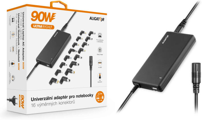 Aligator Napájecí univerzální adaptér pro notebook se 16 výměnnými konektory a USB, 90W