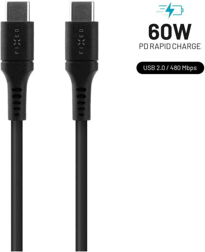 Dlouhý nabíjecí a datový Liquid silicone kabel FIXED s konektory USB-C/USB-C a podporou PD, 2m, USB 2.0, 60W, černý