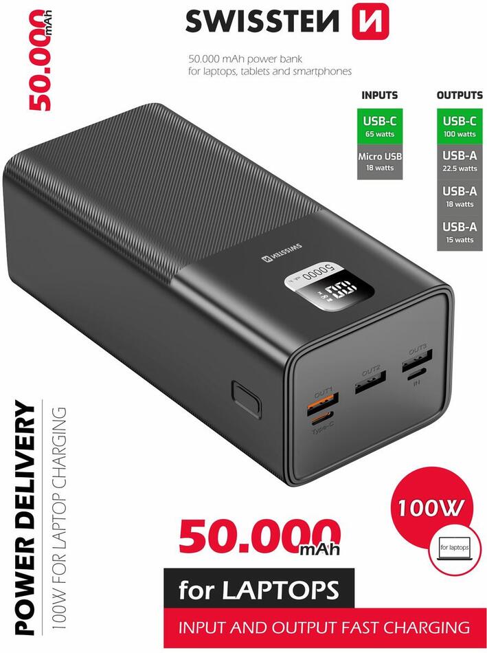 Power banka SWISSTEN POWER LINE 50000 mAh 100W POWER DELIVERY, černá
