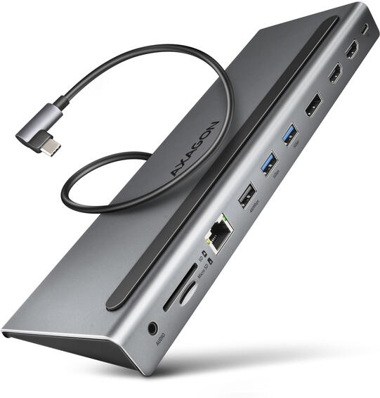 Axagon HMC-4KX3 USB 5Gbps hub, 3x USB-A, 2x HDMI, DP, RJ-45, SD/microSD, audio, PD 100W, kabel 40cm