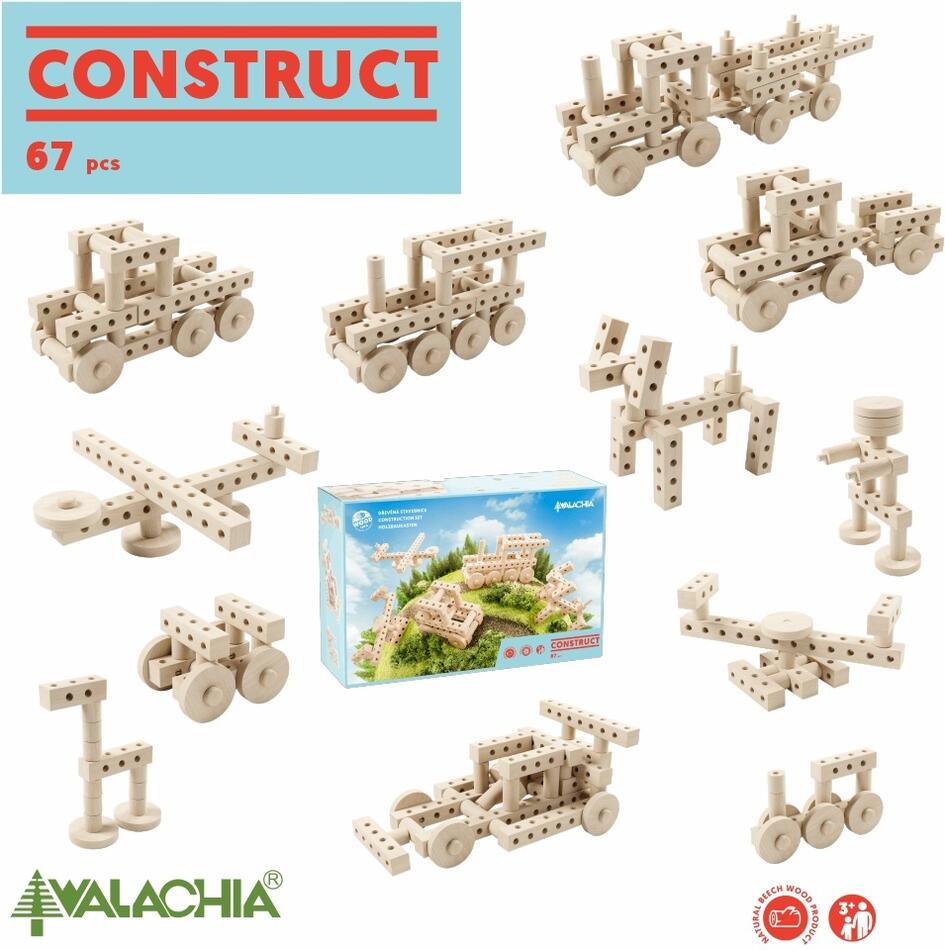 Walachia Dřevěná skládací stavebnice Construct 67 dílů