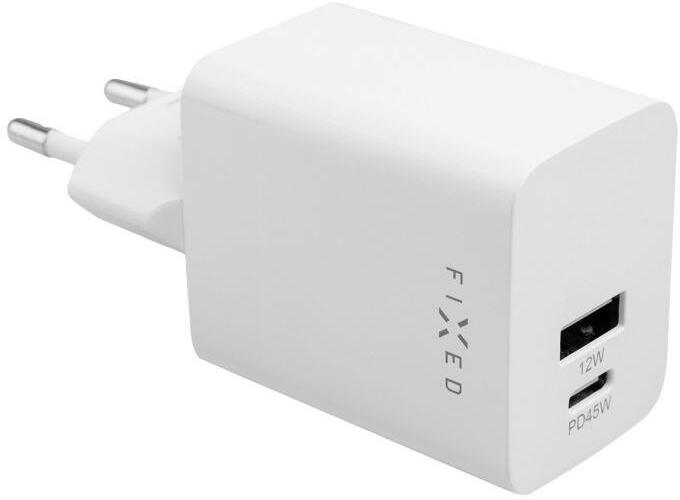 Síťová nabíječka FIXED Mini s USB-C a USB výstupem, podpora PD, 45W, bílá