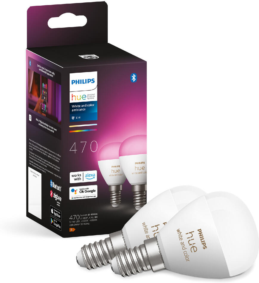 HUE SET 2x WACA LED Luster žárovka E14 5,1W 470lm K IP20, stmívatelné Philips HUE