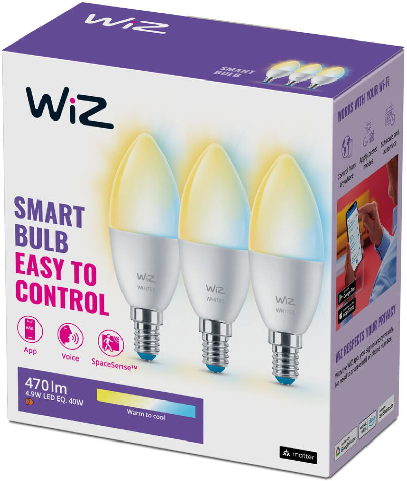 WiZ SET 3x LED žárovka E14 C37 4,9W 470lm 2700-6500K IP20, stmívatelná