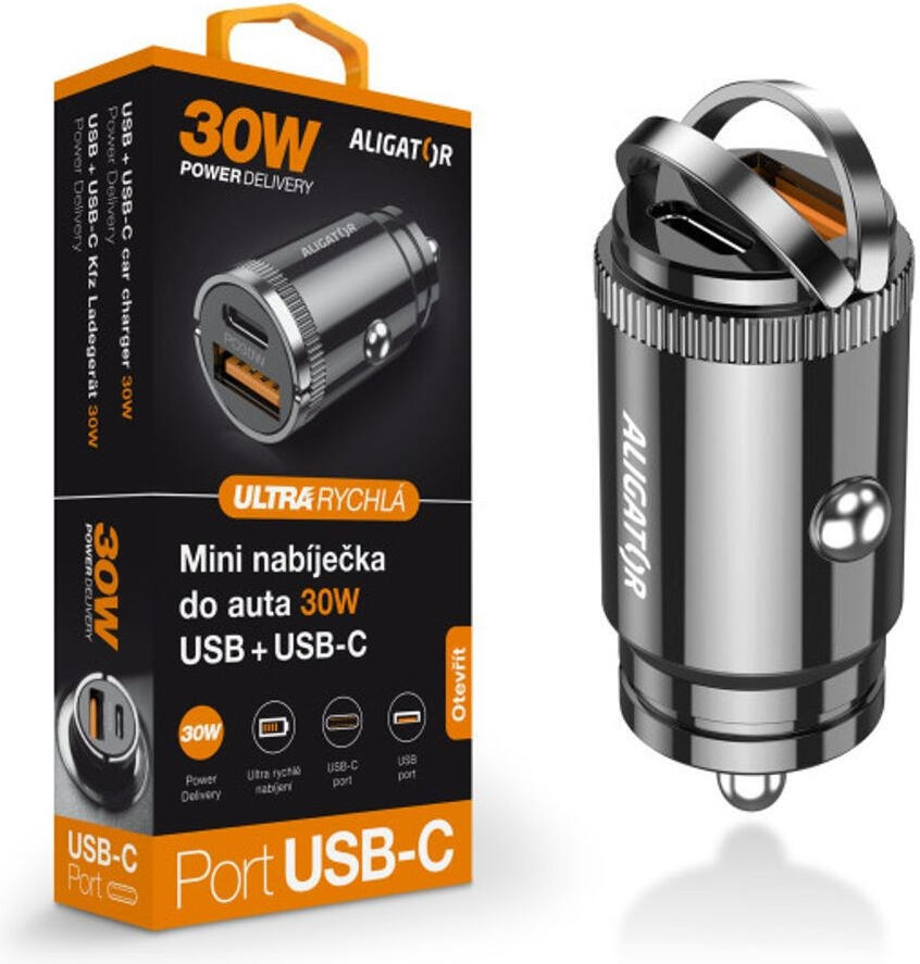 Chytrá mini nabíječka do auta ALIGATOR Power Delivery 30W, USB-C + USB-A, černá