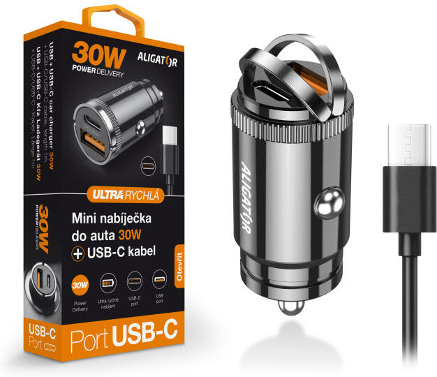 Chytrá Mini nabíječka do auta ALIGATOR Power Delivery 30W, USB-C + USB-A, USB-C/USB-C kabel, černá