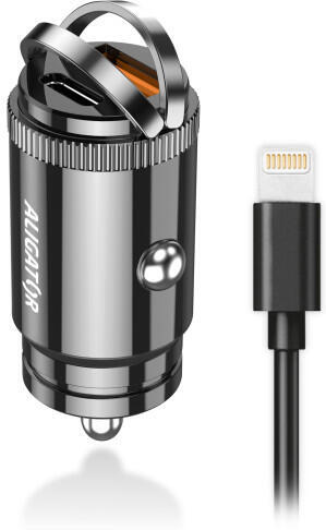 Chytrá Mini nabíječka do auta ALIGATOR Power Delivery 30W, USB-C + USB-A, USB-C kabel pro iPhone/iPad, černá