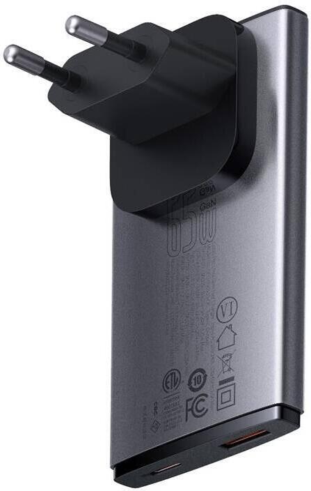 Baseus GAN5 Pro Ultratenký rychlonabíjecí adaptér USB-C + USB-A 65W, šedá (CCGP150113)