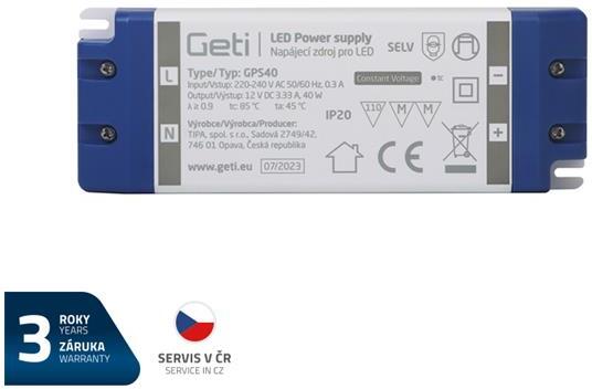 Zdroj spínaný pro LED 12V/ 40W GETI GPS40, IP20