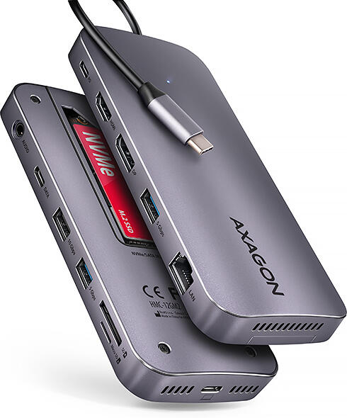Axagon HMC-12GM2, USB 10Gbps hub, 3x USB-A, USB-C, HDMI, DP, RJ-45 GLAN, M.2, SD/mSD, audio, PD
