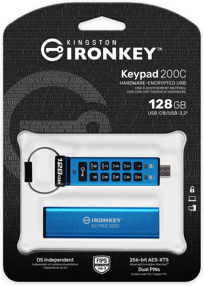 Kingston Ironkey Keypad 200C/128GB/USB 3.0/USB-C/Modrá (IKKP200C/128GB)