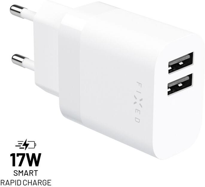 Síťová nabíječka FIXED s 2xUSB výstupem, 17W Smart Rapid Charge, bílá