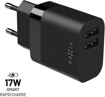 Síťová nabíječka FIXED s 2xUSB výstupem, 17W Smart Rapid Charge, černá