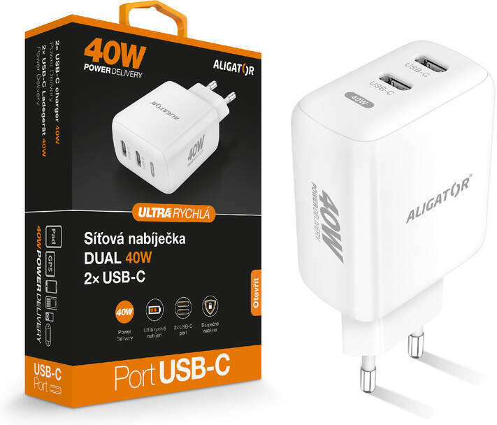 Rychlá nabíječka ALIGATOR, PD 40W 2xUSB-C, bílá