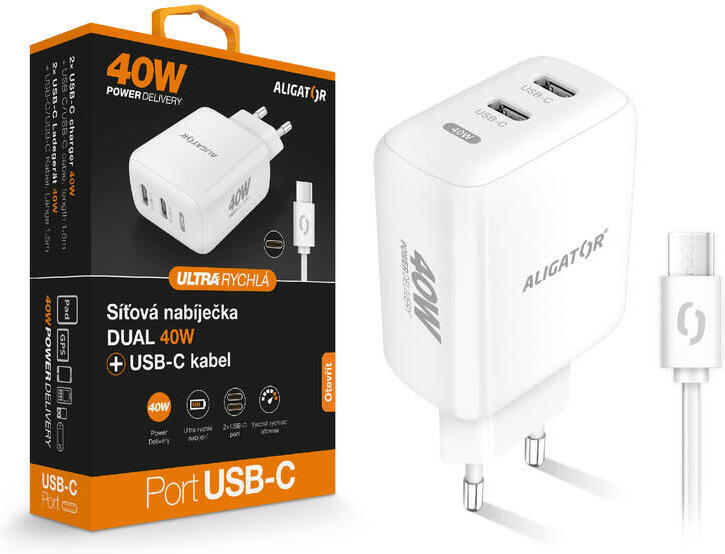 Rychlá nabíječka Aligator CHPD0024, 2xUSB-C, USB-C/USB-C kabel, bílá