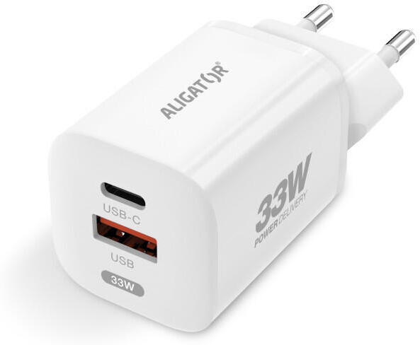 Rychlá nabíječka ALIGATOR GaN, PD 33W USB + USB-C, bílá