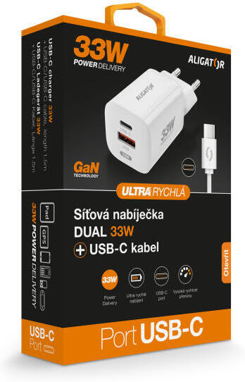Rychlá nabíječka ALIGATOR GaN, PD 33W, USB-C/USB-C kabel, bílá