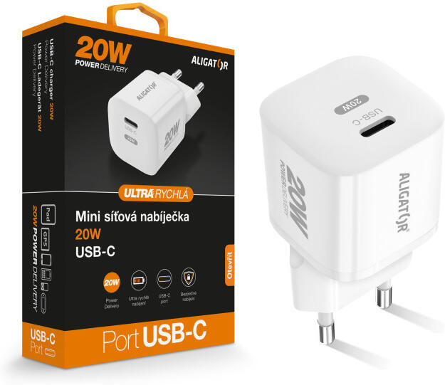 Rychlá nabíječka ALIGATOR Mini, PD 20W USB-C, bílá