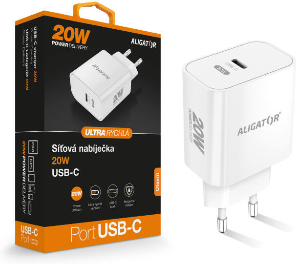 Rychlá nabíječka ALIGATOR PD 20W USB-C, bílá