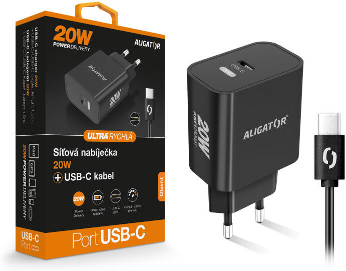 Rychlá nabíječka ALIGATOR PD 20W USB-C, USB-C/USB-C, černá