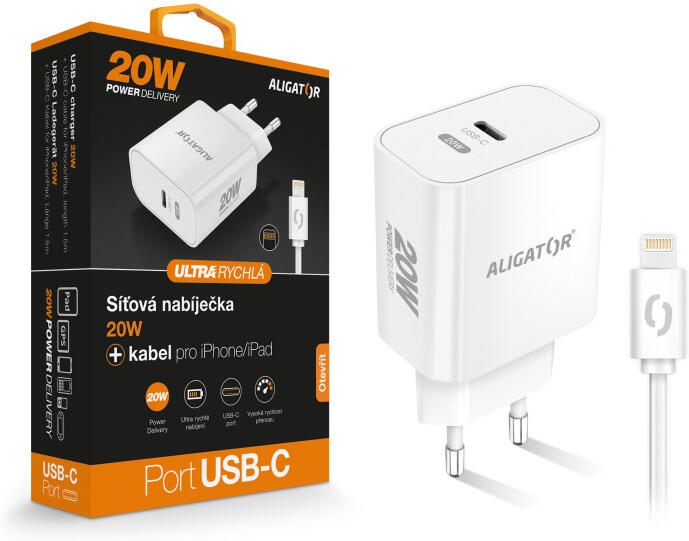 Rychlá nabíječka USB-C ALIGATOR PD 20W s kabelem USB-C/Lightning (iPhone), bílá