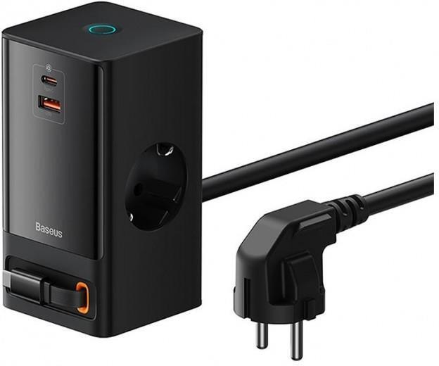 Nabíjecí stanice Baseus PowerCombo 65W 2xzásuvka, 1xUSB, 1xUSB-C,1xnavíjecí kabel USB-C černá