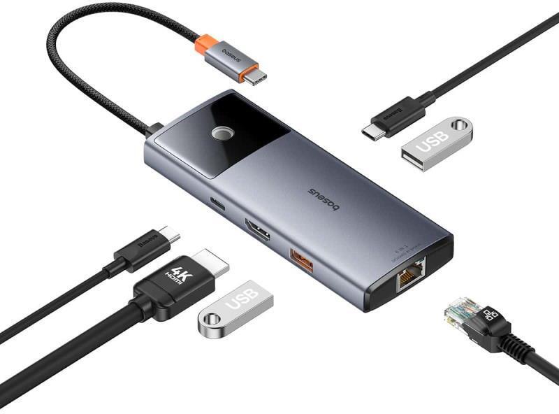 Dokovací stanice 6v1 Baseus Metal Gleam 2 100W 2xUSB-C, 2xUSB, 1xHDMI, 1xRJ45 šedá