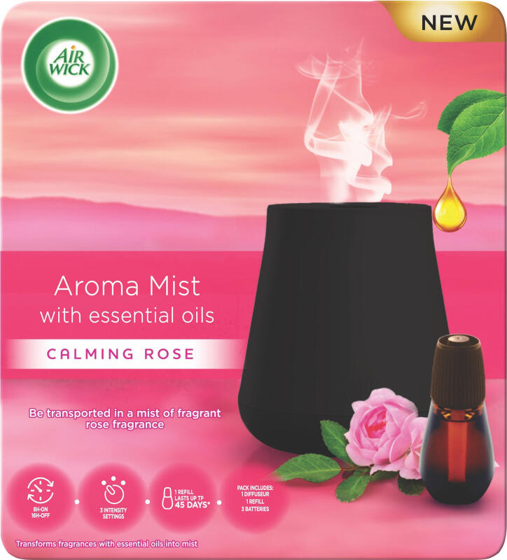 Air Wick vaporizér Aroma Mist černý a náplň svůdná vůně růže, 20 ml