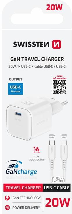 Síťový adaptér Swissten GaN 1x USB-C 20W PD + Datový kabel USB-C/USB-C 1.2m, bílý