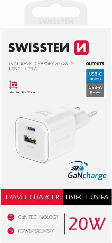 SWISSTEN SÍŤOVÝ ADAPTÉR GaN 1x USB-C 20W PD A 1x USB-A 18W QC BÍLÝ