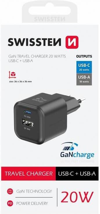 SWISSTEN SÍŤOVÝ ADAPTÉR GaN 1x USB-C 20W PD + 1x USB-A 18W QC ČERNÝ