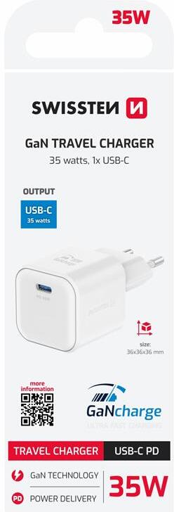 SWISSTEN SÍŤOVÝ ADAPTÉR GaN 1x USB-C 35W POWER DELIVERY BÍLÝ