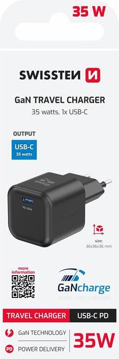 SWISSTEN SÍŤOVÝ ADAPTÉR GaN 1x USB-C 35W POWER DELIVERY ČERNÝ
