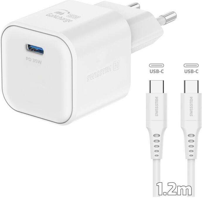 Síťový adaptér Swissten GaN 1x USB-C 35W PD + Datový kabel USB-C/USB-C 1.2m, bílý