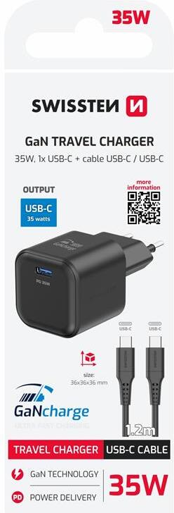 SWISSTEN SÍŤOVÝ ADAPTÉR GaN 1x USB-C 35W POWER DELIVERY ČERNÝ + DATOVÝ KABEL USB-C/USB-C 1,2 M ČERNÝ