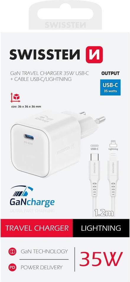 SWISSTEN SÍŤOVÝ ADAPTÉR GaN 1x USB-C 35W POWER DELIVERY BÍLÝ + DATOVÝ KABEL USB-C/LIGHTNING 1,2 M BÍLÝ