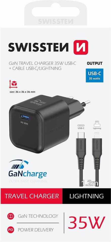 SWISSTEN SÍŤOVÝ ADAPTÉR GaN 1x USB-C 35W POWER DELIVERY ČERNÝ + DATOVÝ KABEL USB-C/LIGHTNING 1,2 M ČERNÝ