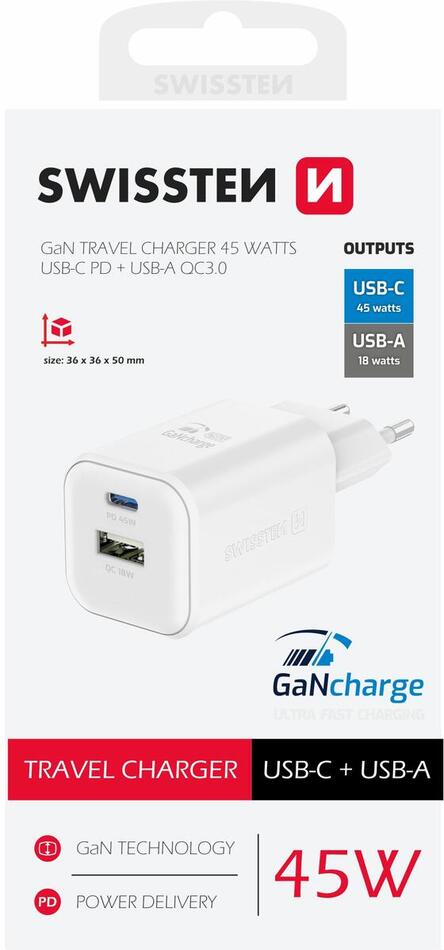 SWISSTEN SÍŤOVÝ ADAPTÉR GaN 1x USB-C 45W PD + 1x USB-A 18W QC BÍLÝ