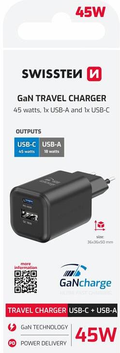 Síťový adaptér SWISSTEN GaN 1x USB-C 45W PD + 1x USB-A 18W QC, černý