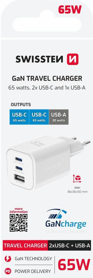 SWISSTEN SÍŤOVÝ ADAPTÉR GaN 2x USB-C 65W PD + 1x USB-A 30W QC BÍLÝ