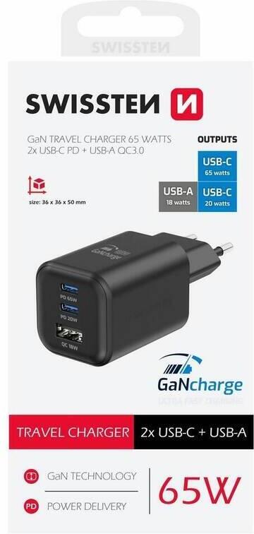 SWISSTEN SÍŤOVÝ ADAPTÉR GaN 2x USB-C 65W PD + 1x USB-A 30W QC ČERNÝ