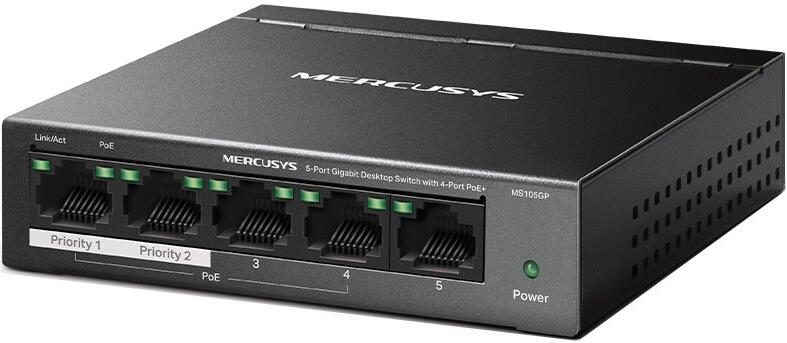 TP-Link Mercusys MS105GP Switch 5-Port, 4× Gigabit PoE+, 1× GLAN, 802.3af/at, 65 W