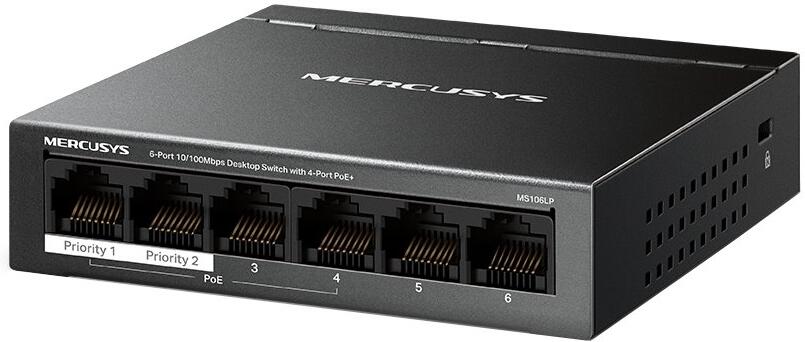 TP-Link Mercusys MS106LP Switch 6-Port, 4x 10/100 Mbps PoE+, 2x LAN, 802.3af/at, 40 W