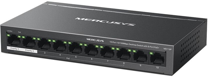 TP-Link Mercusys MS110P Switch 10-Port, 8x 10/100 Mbps PoE+, 2x LAN, 802.3af/at, 65 W